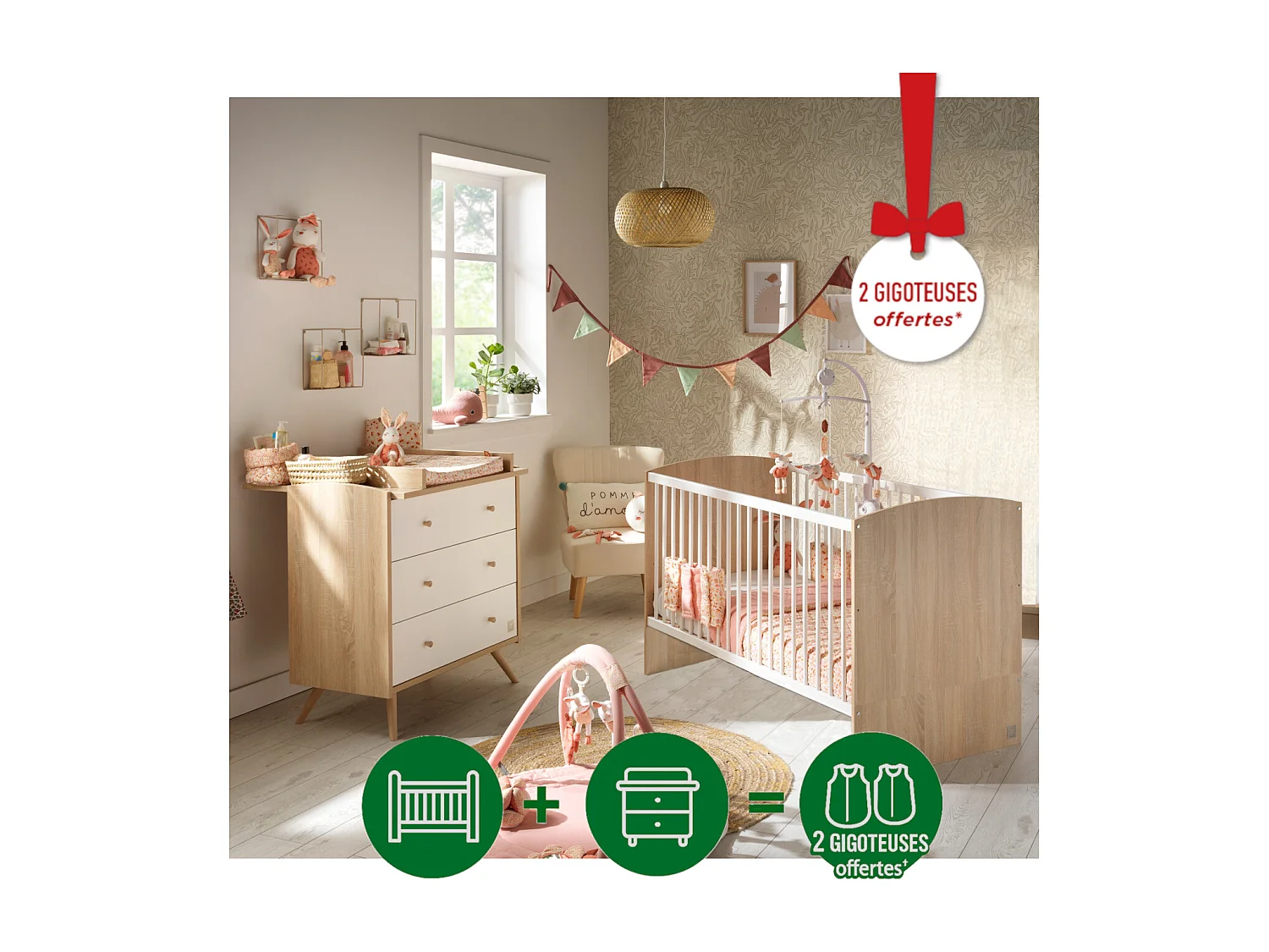 Chambre bébé évolutive Access, Lit 140x70 et Commode à langer - Chêne doré ACCESS - Sauthon