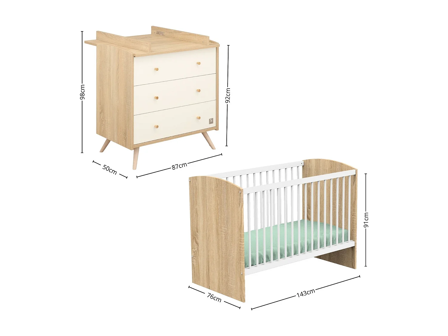Access nursery, cama de 140x70cm y cómoda - Roble Dorado