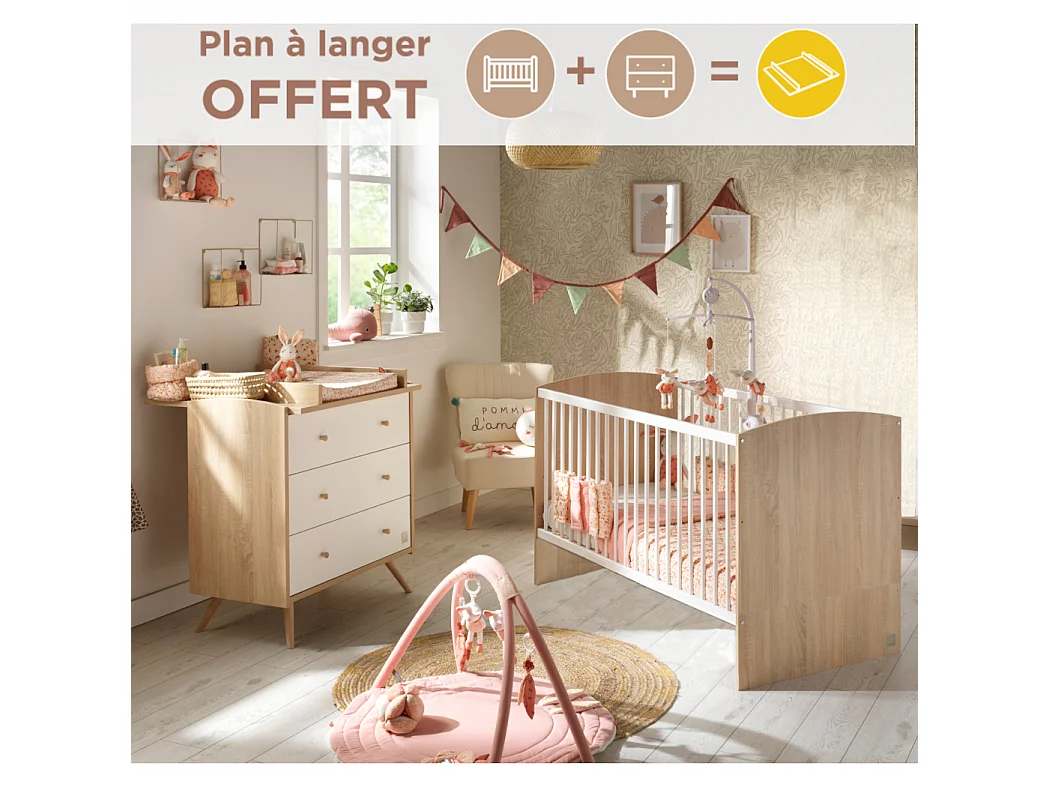 Chambre bébé évolutive Access, Lit 140x70 et Commode à langer - Chêne doré ACCESS - Sauthon
