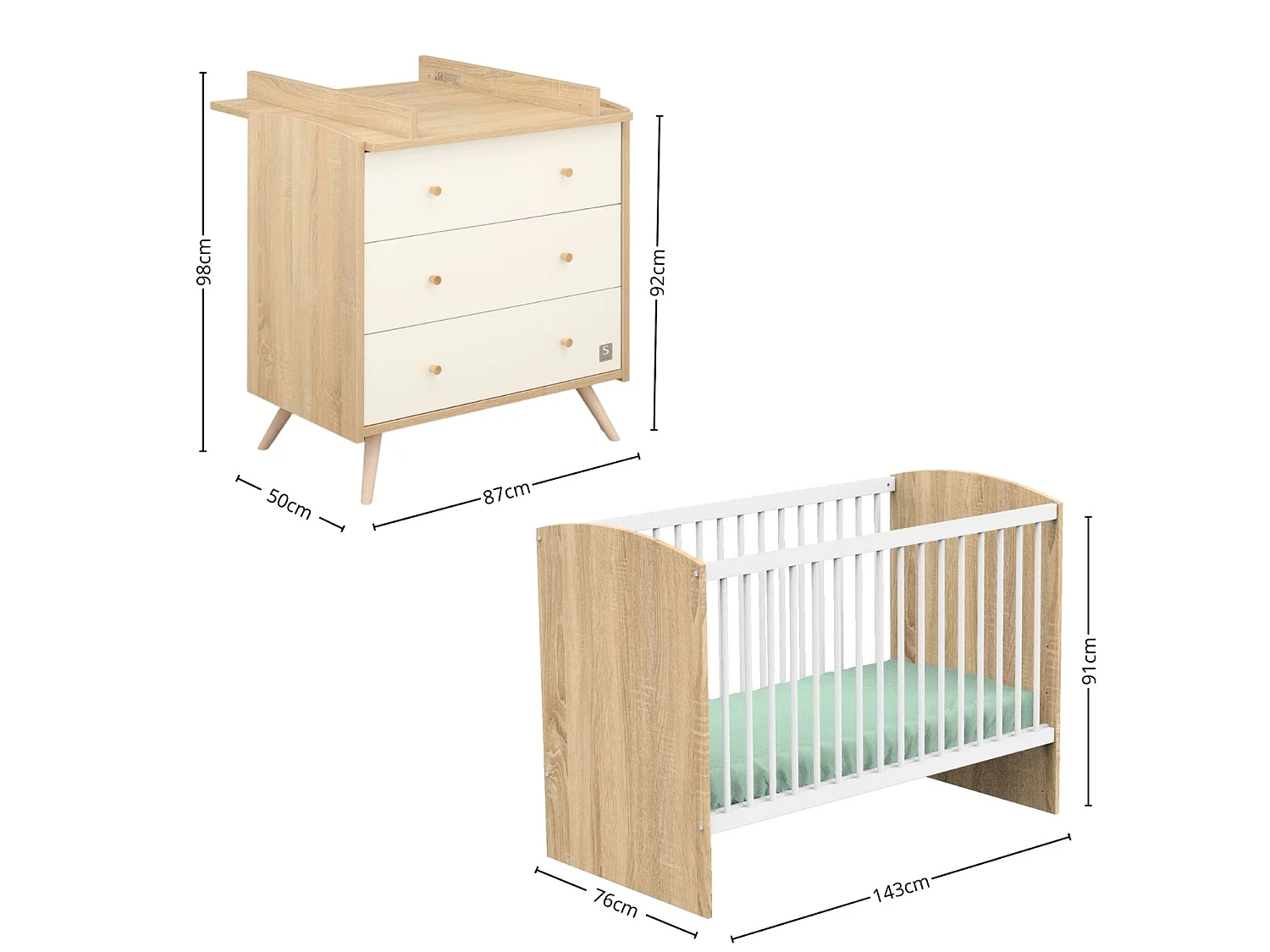 Chambre bébé évolutive Access, Lit 140x70 et Commode à langer - Chêne doré ACCESS - Sauthon