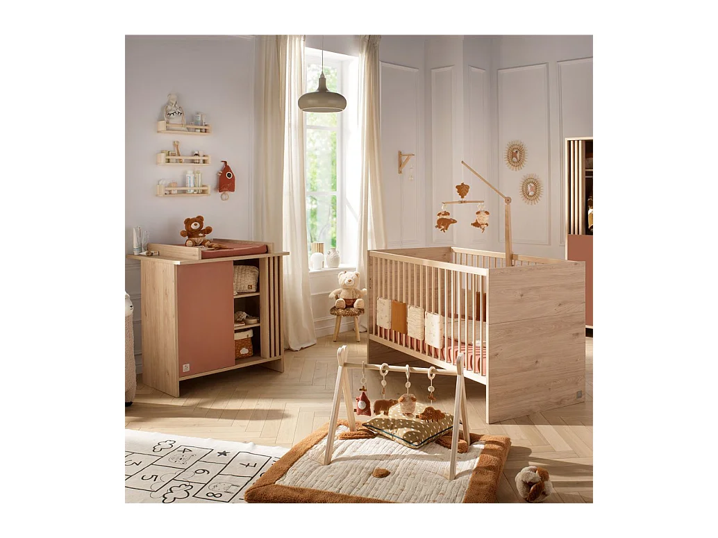 Chambre bébé évolutive Tokyo, Lit 140x70 évolutif et Commode à langer claustra - Chêne suave TOKYO - Sauthon