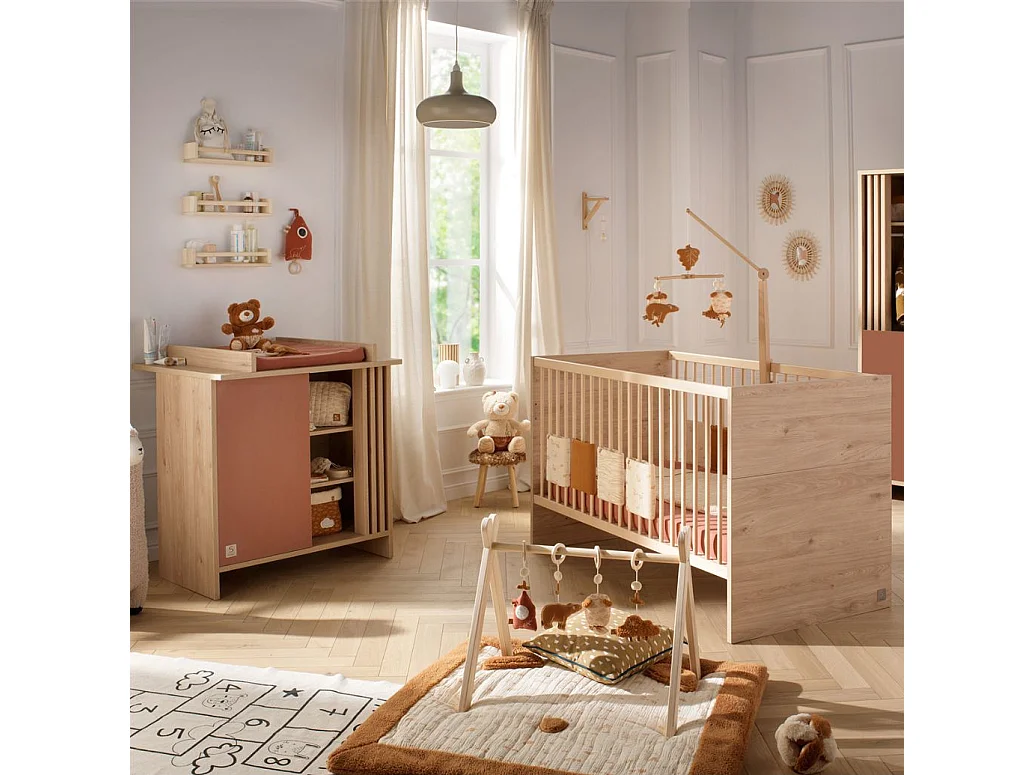 Chambre bébé évolutive Tokyo, Lit 140x70 évolutif et Commode à langer claustra - Chêne suave TOKYO - Sauthon