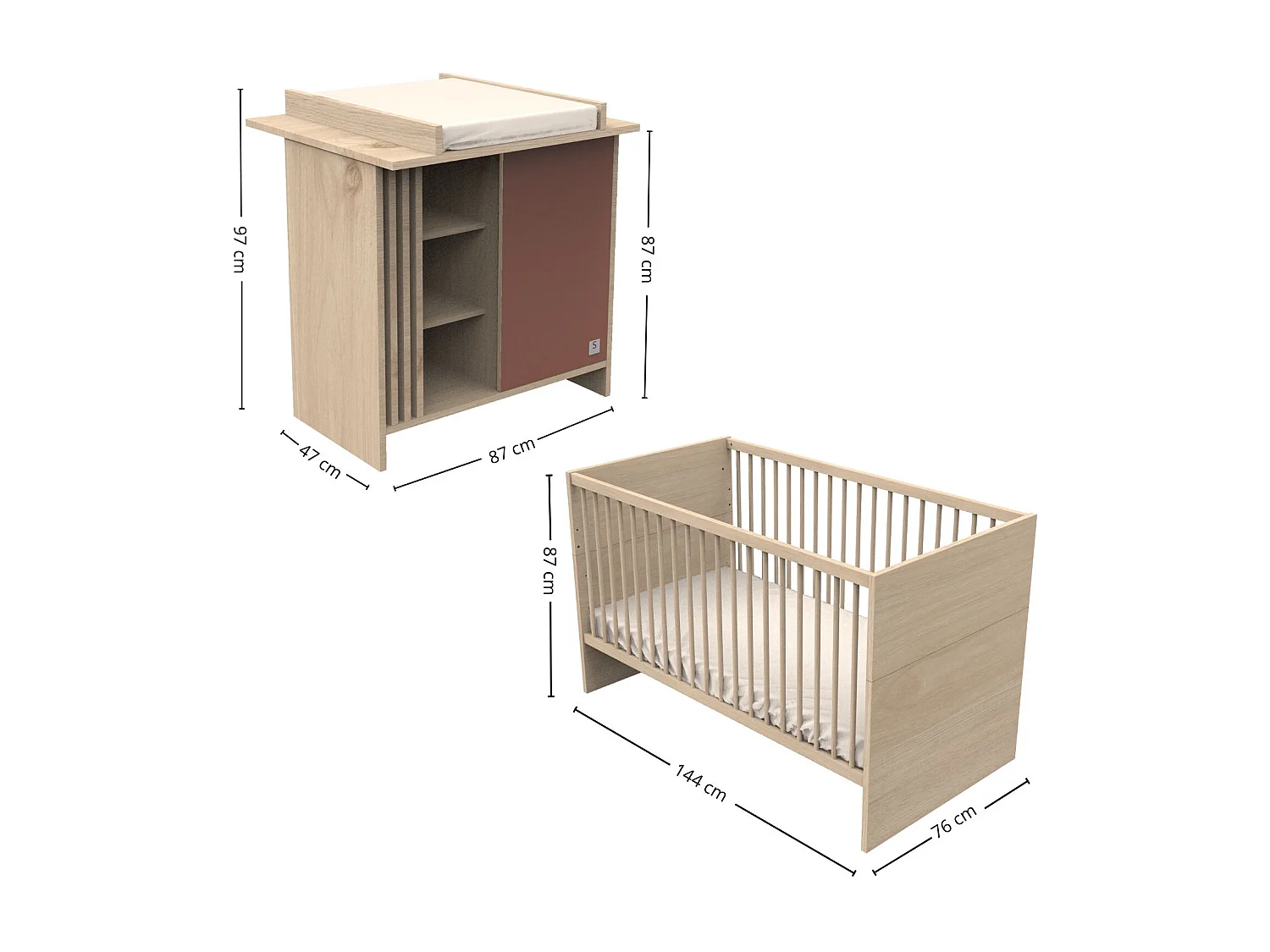 Chambre bébé évolutive Tokyo, Lit 140x70 évolutif et Commode à langer claustra - Chêne suave TOKYO - Sauthon