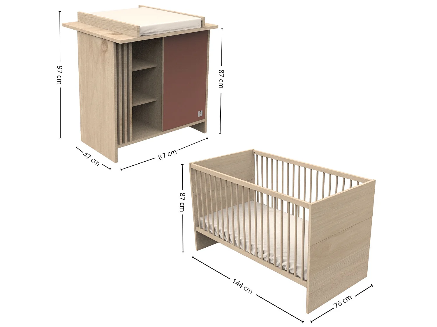 Chambre bébé évolutive Tokyo, Lit 140x70 évolutif et Commode à langer claustra - Chêne suave TOKYO - Sauthon
