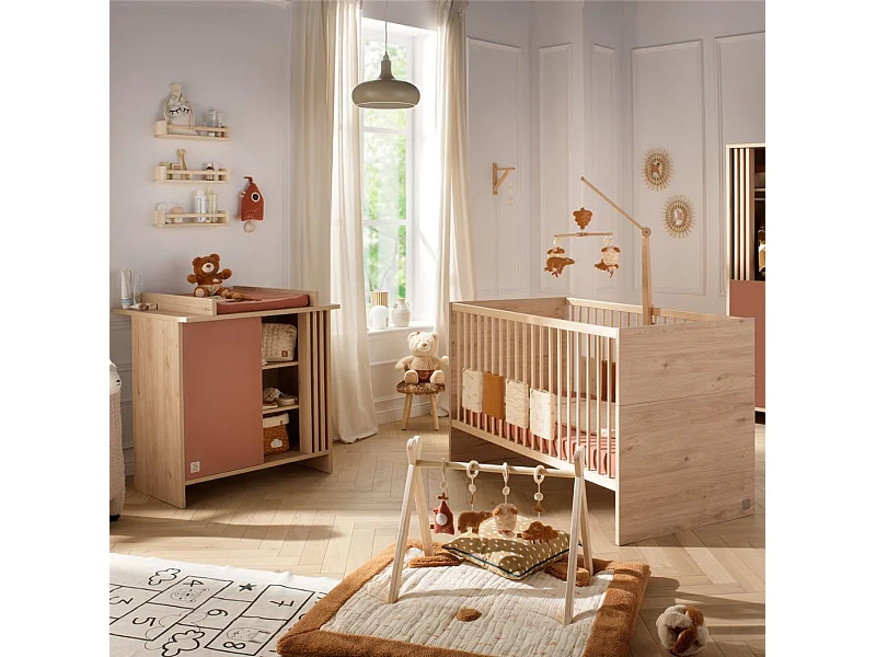Chambre bébé évolutive Tokyo, Lit 140x70 évolutif et Commode à langer claustra - Chêne suave TOKYO - Sauthon