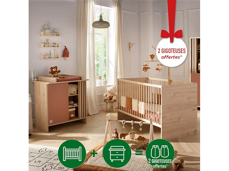 Chambre bébé évolutive Tokyo, Lit 140x70 évolutif et Commode à langer claustra - Chêne suave TOKYO - Sauthon