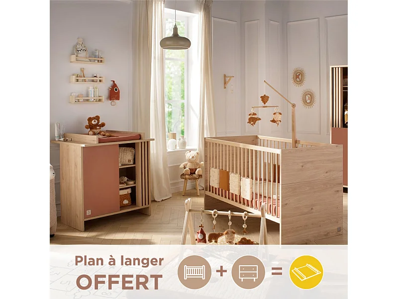 Chambre bébé évolutive Tokyo, Lit 140x70 évolutif et Commode à langer claustra - Chêne suave TOKYO - Sauthon