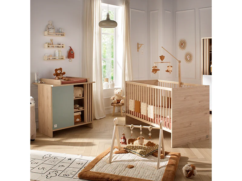 Chambre bébé évolutive Tokyo, Lit 140x70 évolutif et Commode à langer claustra - Chêne suave TOKYO - Sauthon