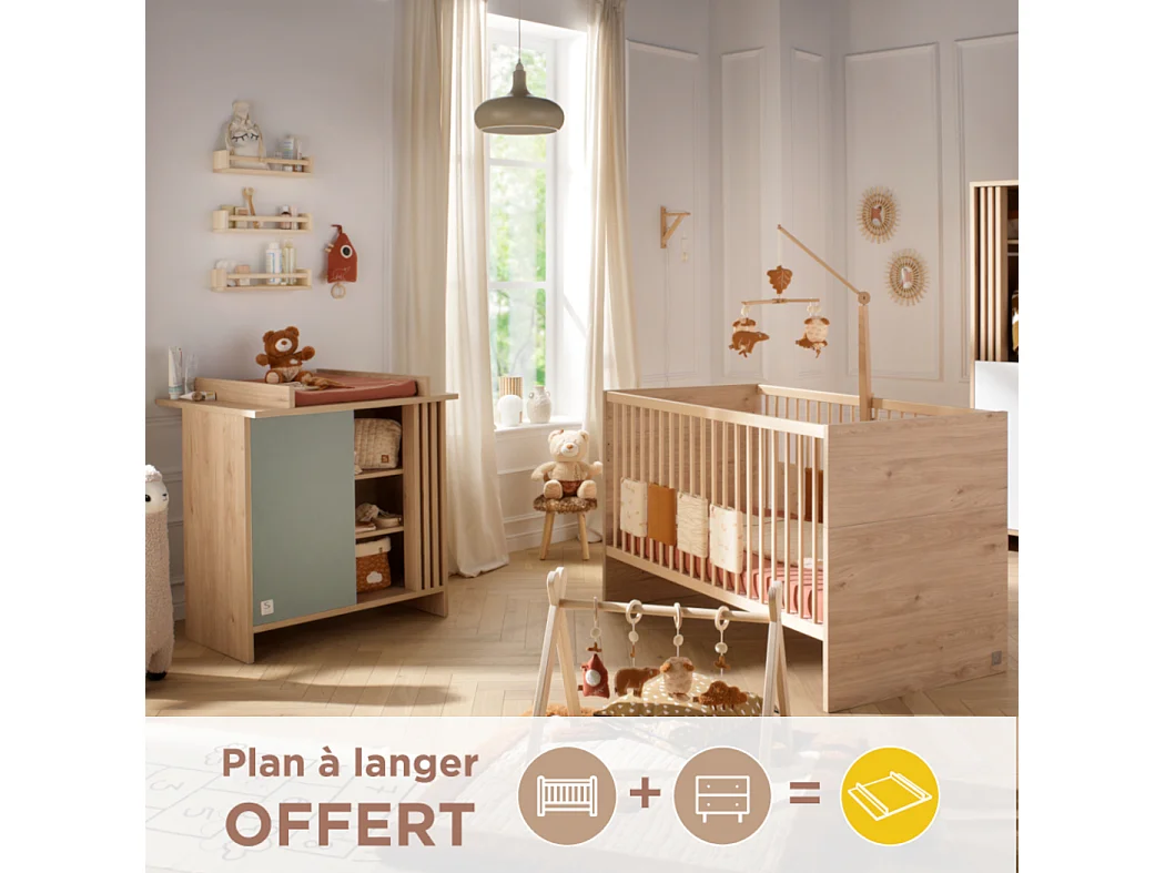 Chambre bébé évolutive Tokyo, Lit 140x70 évolutif et Commode à langer claustra - Chêne suave TOKYO - Sauthon