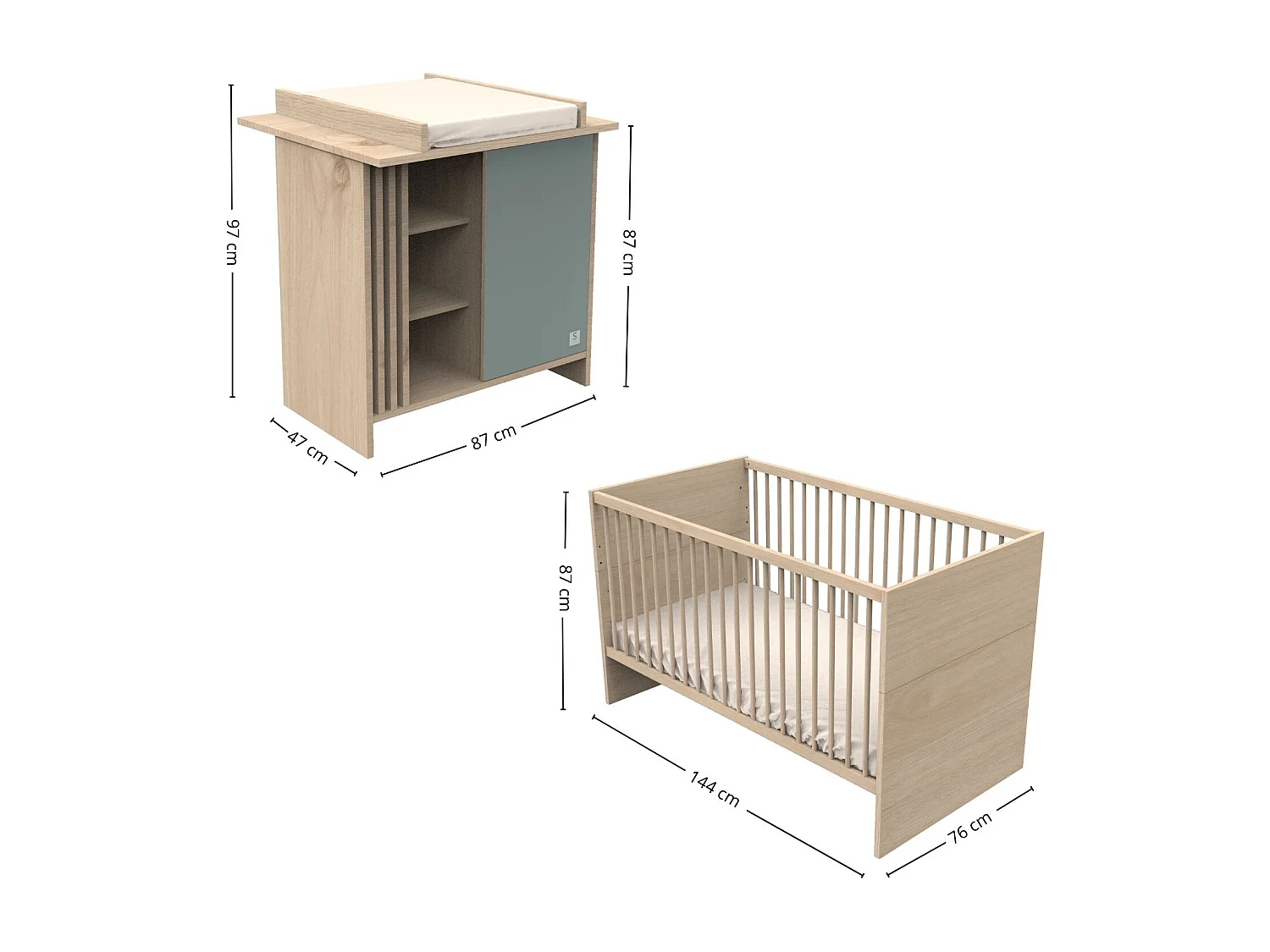 Chambre bébé évolutive Tokyo, Lit 140x70 évolutif et Commode à langer claustra - Chêne suave TOKYO - Sauthon