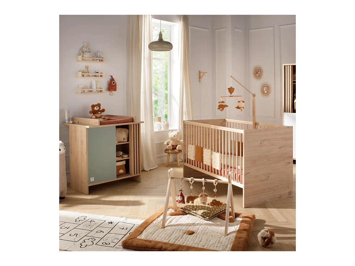 Chambre bébé évolutive Tokyo, Lit 140x70 évolutif et Commode à langer claustra - Chêne suave TOKYO - Sauthon