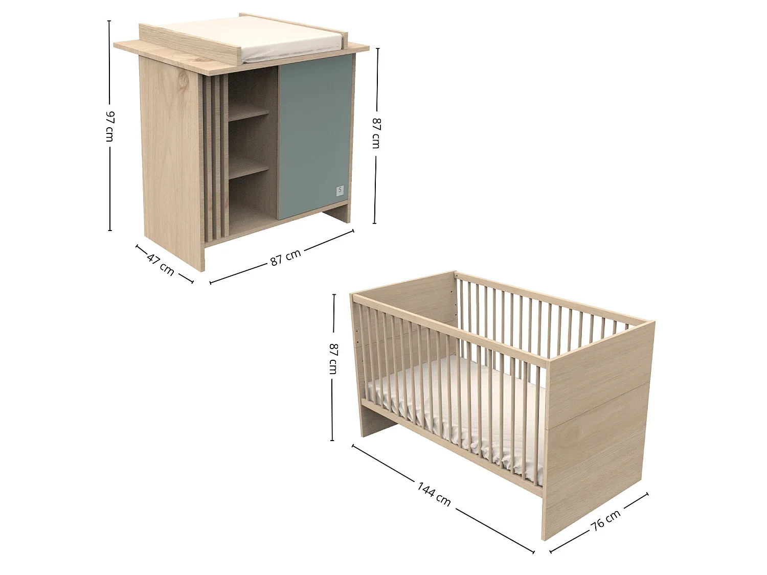 Chambre bébé évolutive Tokyo, Lit 140x70 évolutif et Commode à langer claustra - Chêne suave TOKYO - Sauthon
