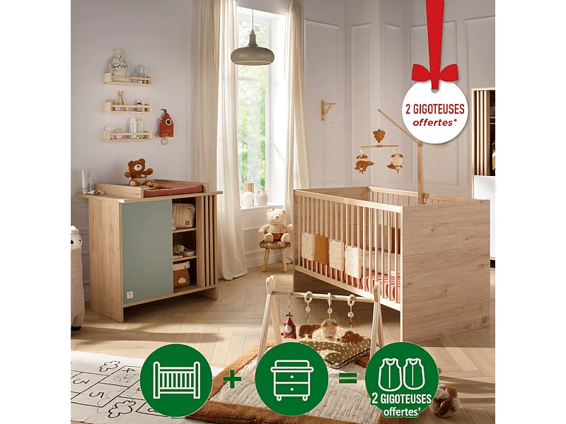 Guardería convertible Tokio, Cama convertible 140x70 y Cómoda Claustra - Chêne suave