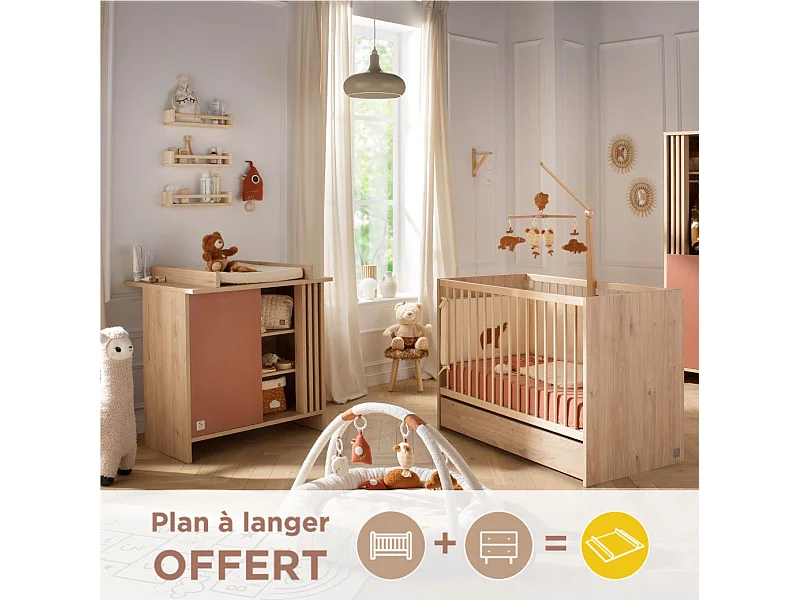 Chambre bébé complète Tokyo, Lit 120x60 et Commode à langer claustra - Chêne suave TOKYO - Sauthon