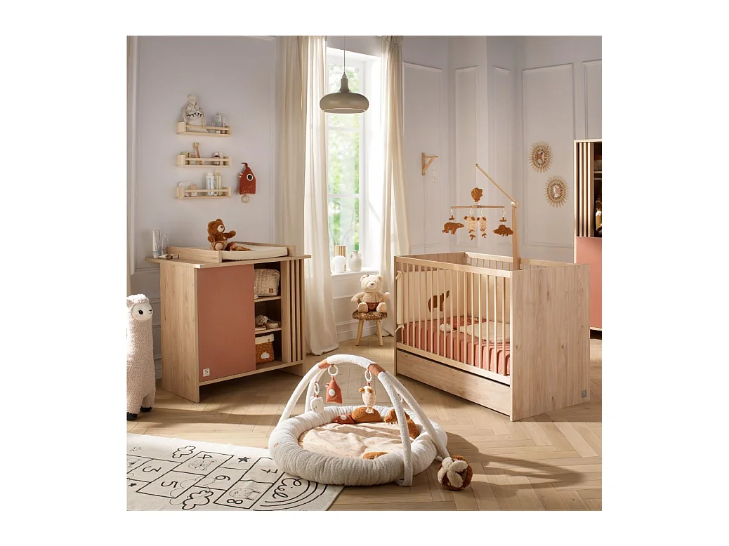 Chambre bébé complète Tokyo, Lit 120x60 et Commode à langer claustra - Chêne suave TOKYO - Sauthon