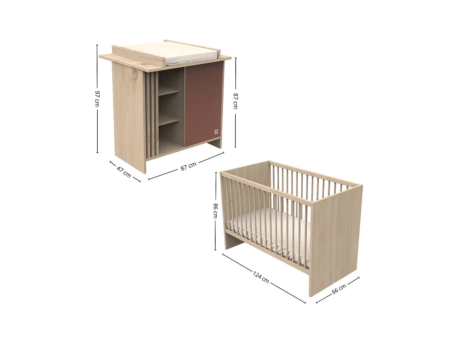 Chambre bébé complète Tokyo, Lit 120x60 et Commode à langer claustra - Chêne suave TOKYO - Sauthon