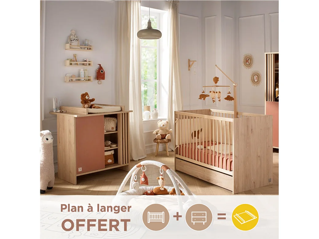 Chambre bébé complète Tokyo, Lit 120x60 et Commode à langer claustra - Chêne suave TOKYO - Sauthon