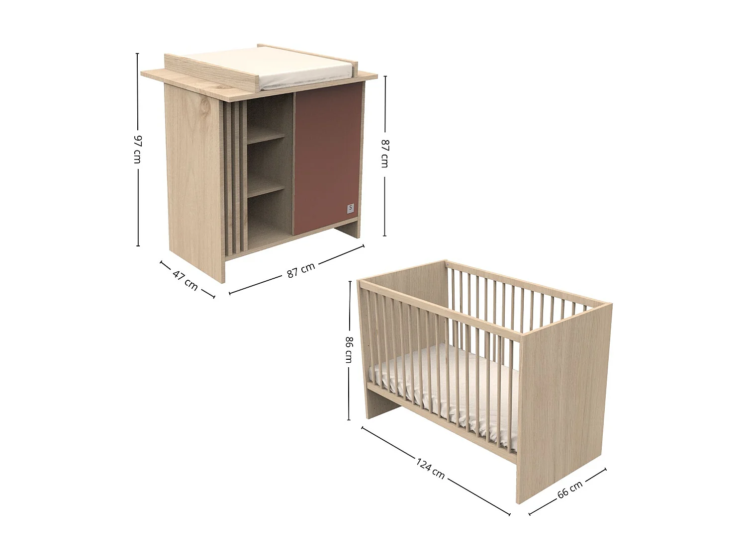 Chambre bébé complète Tokyo, Lit 120x60 et Commode à langer claustra - Chêne suave TOKYO - Sauthon