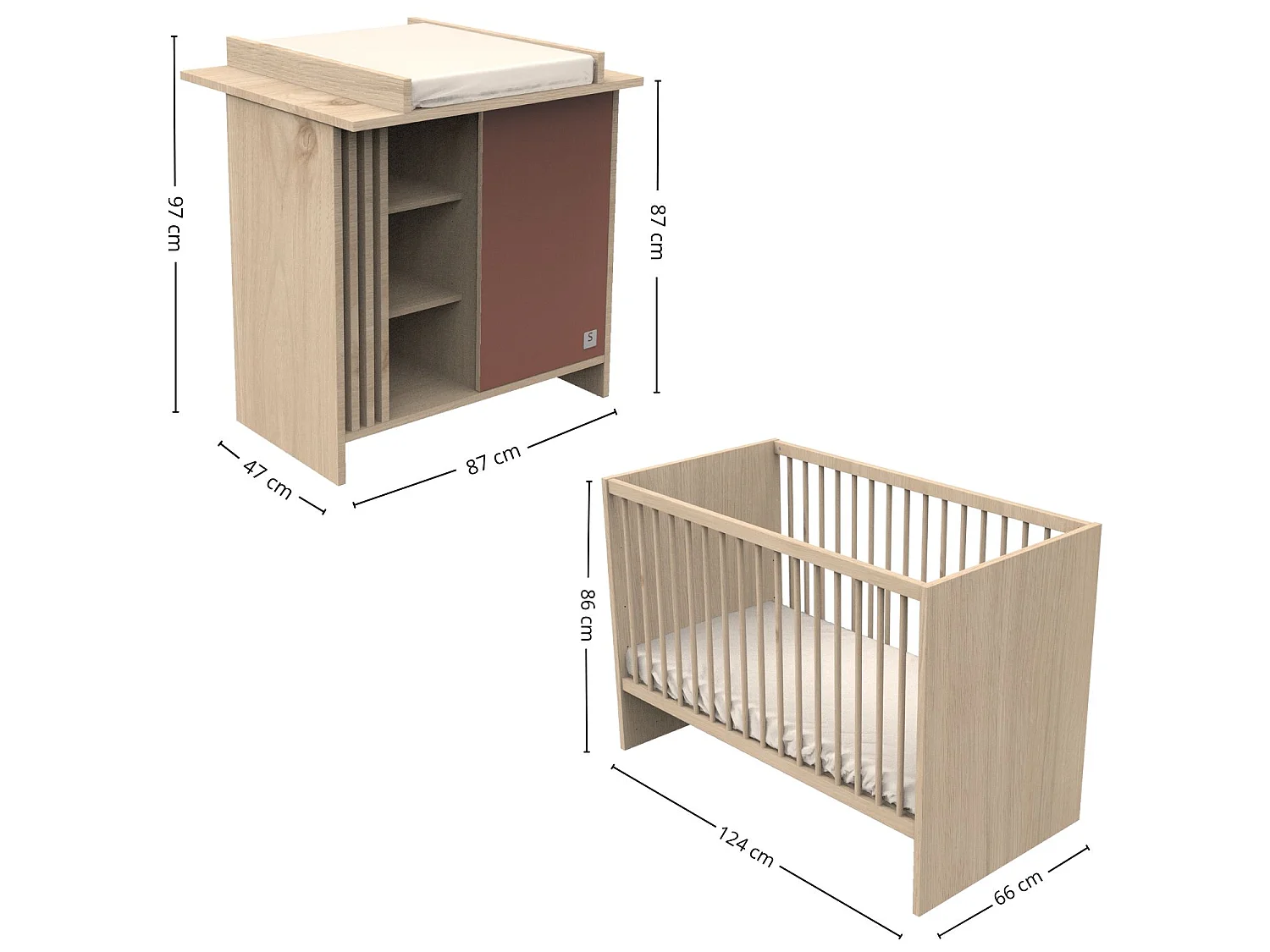 Chambre bébé complète Tokyo, Lit 120x60 et Commode à langer claustra - Chêne suave TOKYO - Sauthon