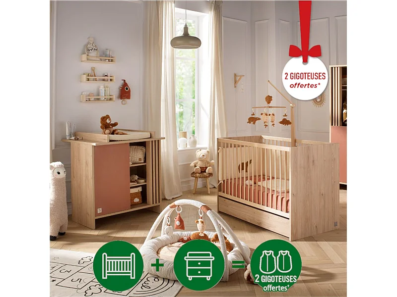 Cameretta completa Tokyo, letto 120x60cm e cassettiera Claustra - Chêne suave