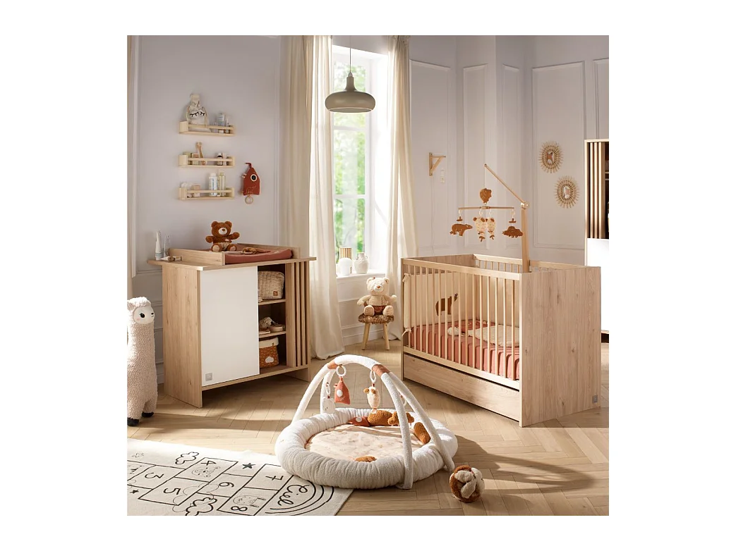 Chambre bébé complète Tokyo, Lit 120x60 et Commode à langer claustra - Chêne suave TOKYO - Sauthon