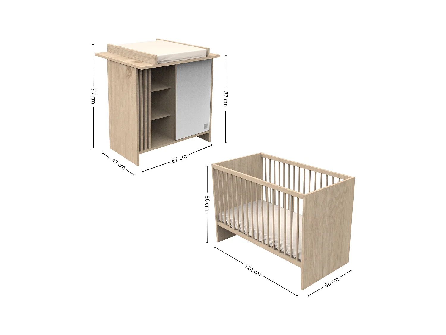 Chambre bébé complète Tokyo, Lit 120x60 et Commode à langer claustra - Chêne suave TOKYO - Sauthon