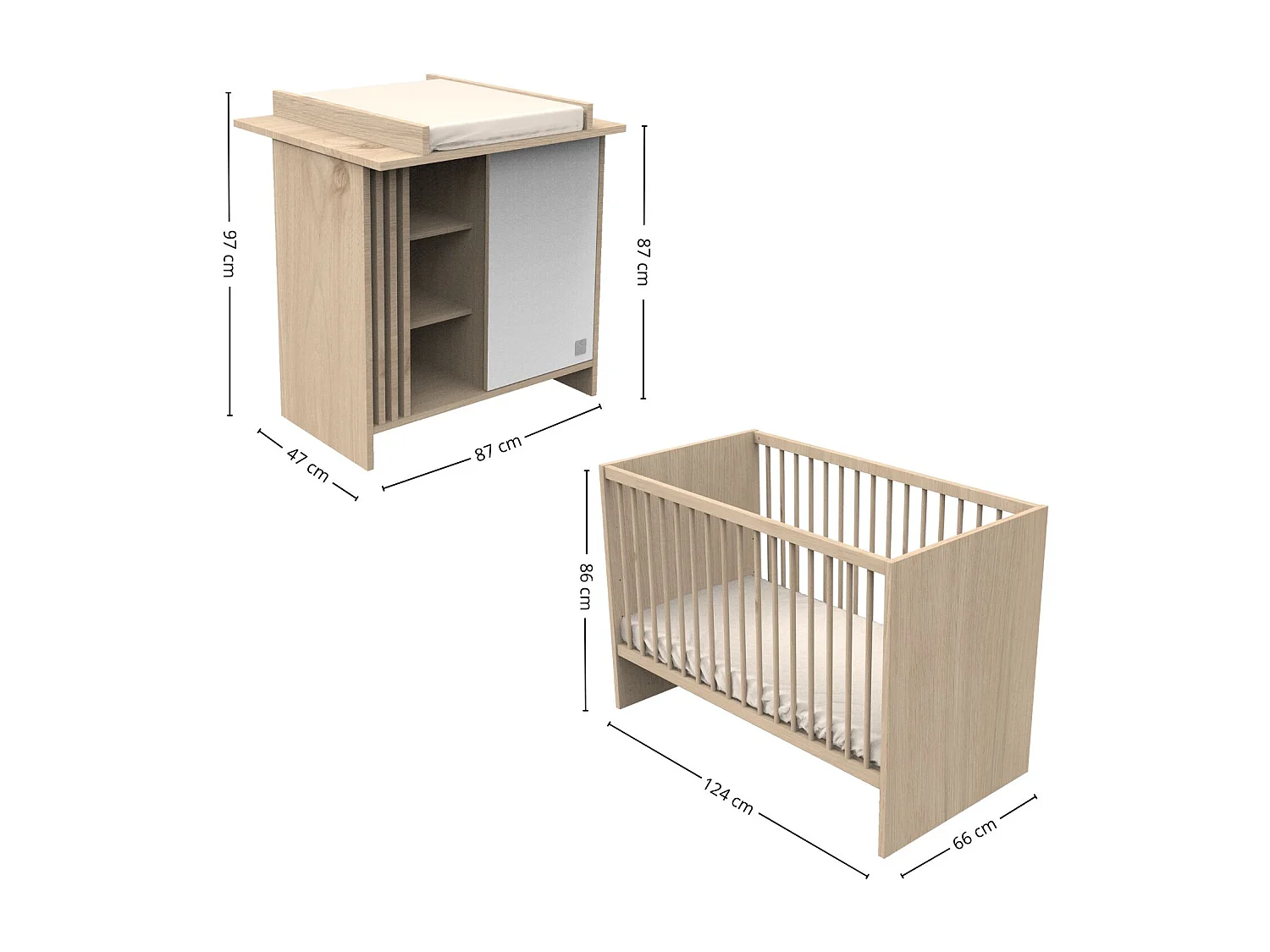 Chambre bébé complète Tokyo, Lit 120x60 et Commode à langer claustra - Chêne suave TOKYO - Sauthon