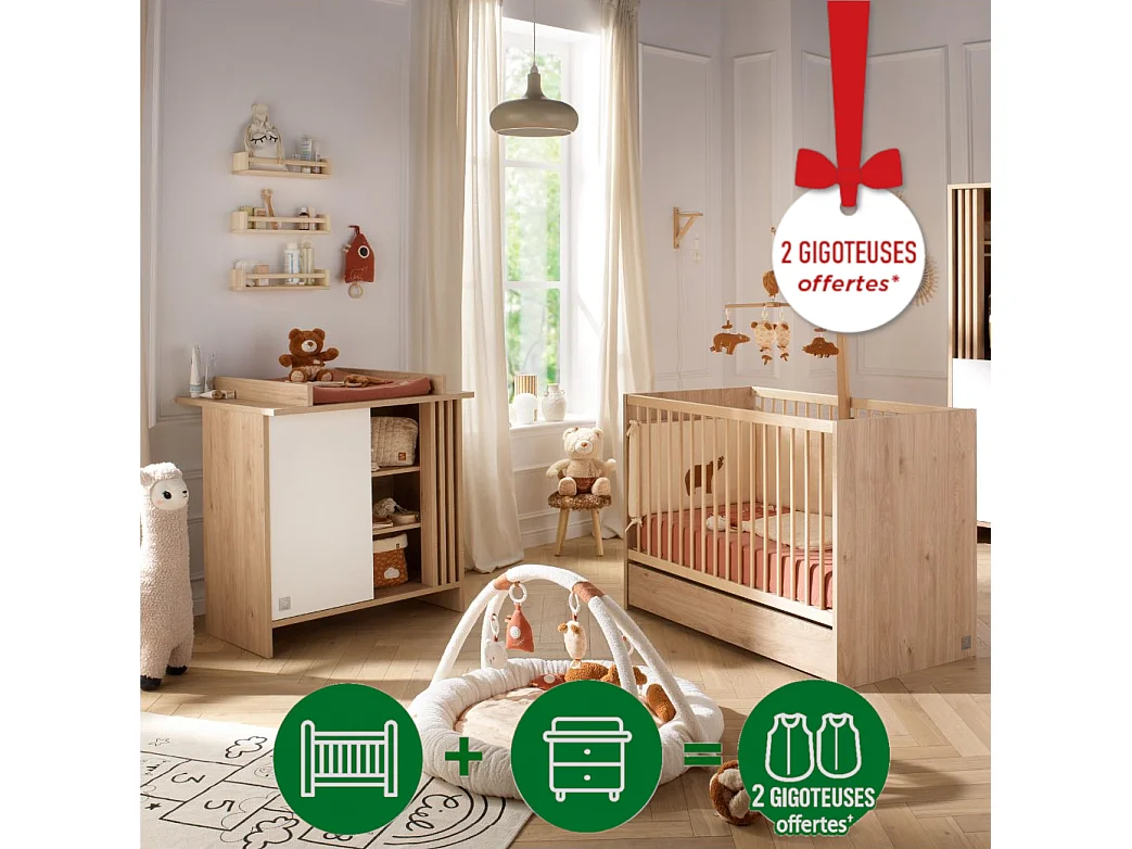 Chambre bébé complète Tokyo, Lit 120x60 et Commode à langer claustra - Chêne suave TOKYO - Sauthon