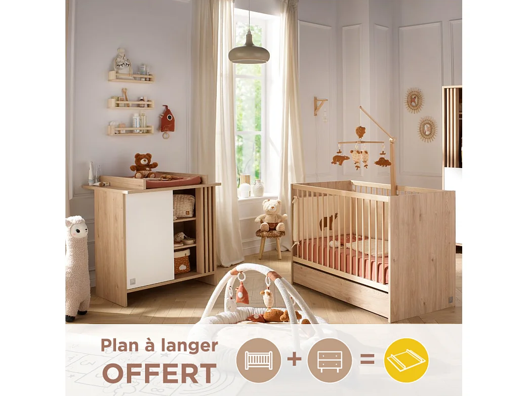 Chambre bébé complète Tokyo, Lit 120x60 et Commode à langer claustra - Chêne suave TOKYO - Sauthon