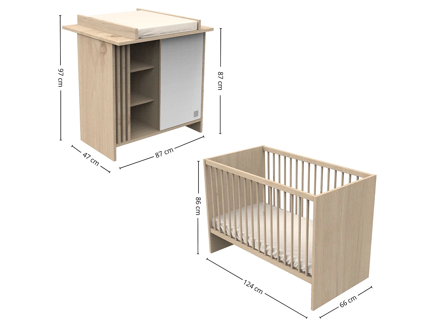 Chambre bébé complète Tokyo, Lit 120x60 et Commode à langer claustra - Chêne suave TOKYO - Sauthon