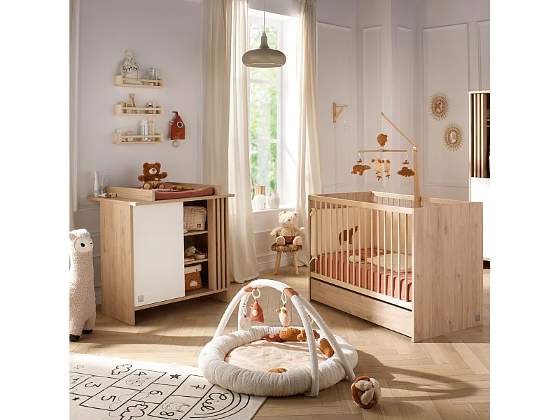 Chambre bébé complète Tokyo, Lit 120x60 et Commode à langer claustra - Chêne suave TOKYO - Sauthon
