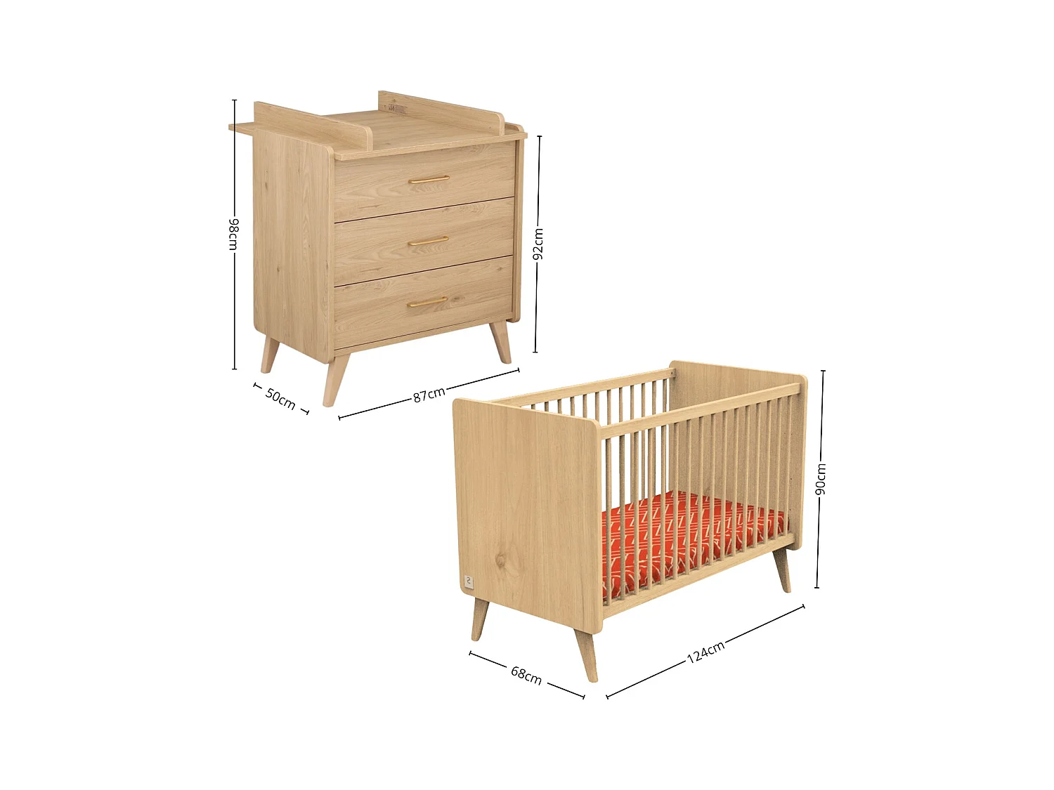 Chambre bébé complète Arty, Lit 120x60 et Commode à langer - Chêne suave ARTY - Sauthon