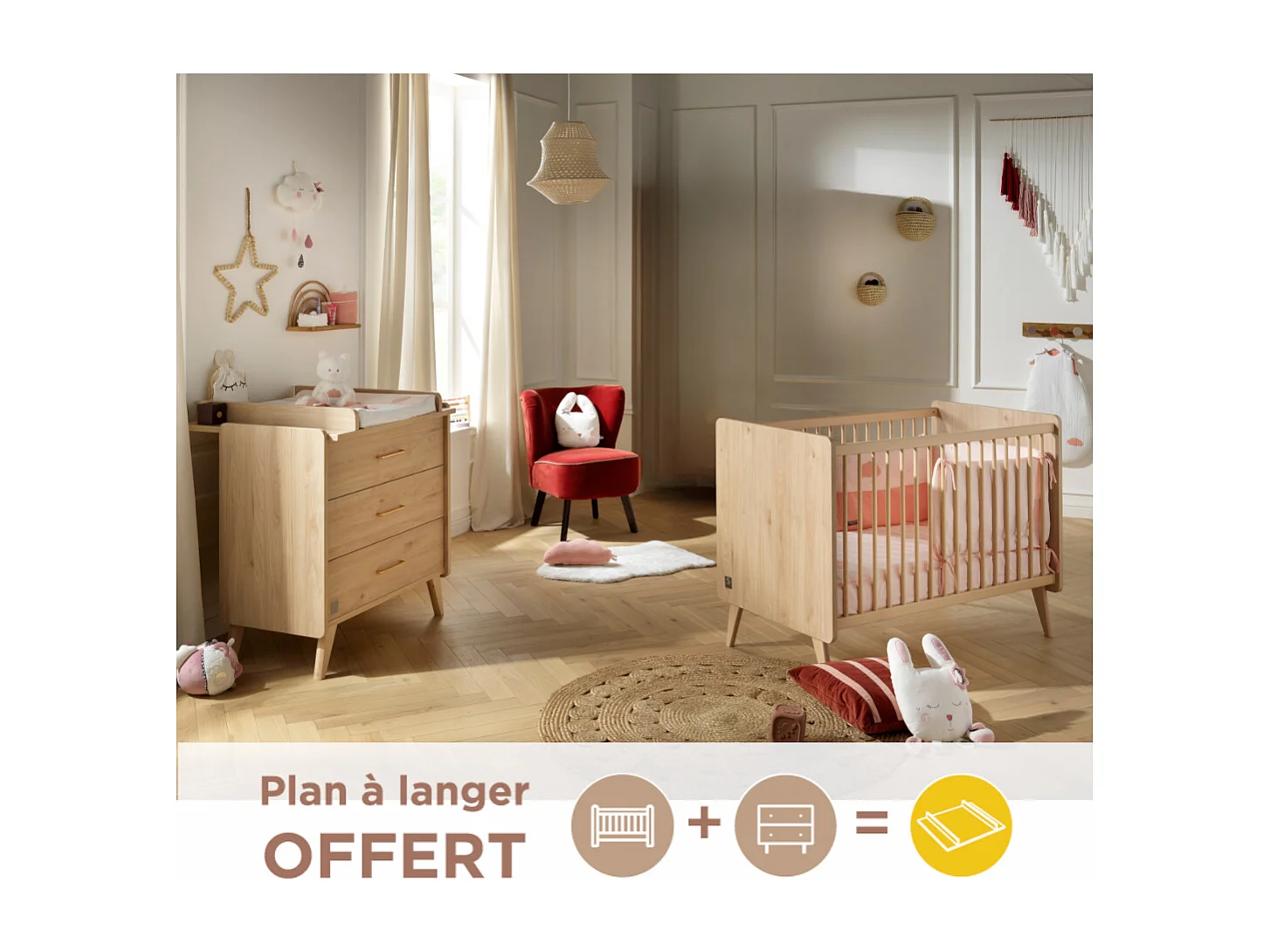 Chambre bébé complète Arty, Lit 120x60 et Commode à langer - Chêne suave ARTY - Sauthon