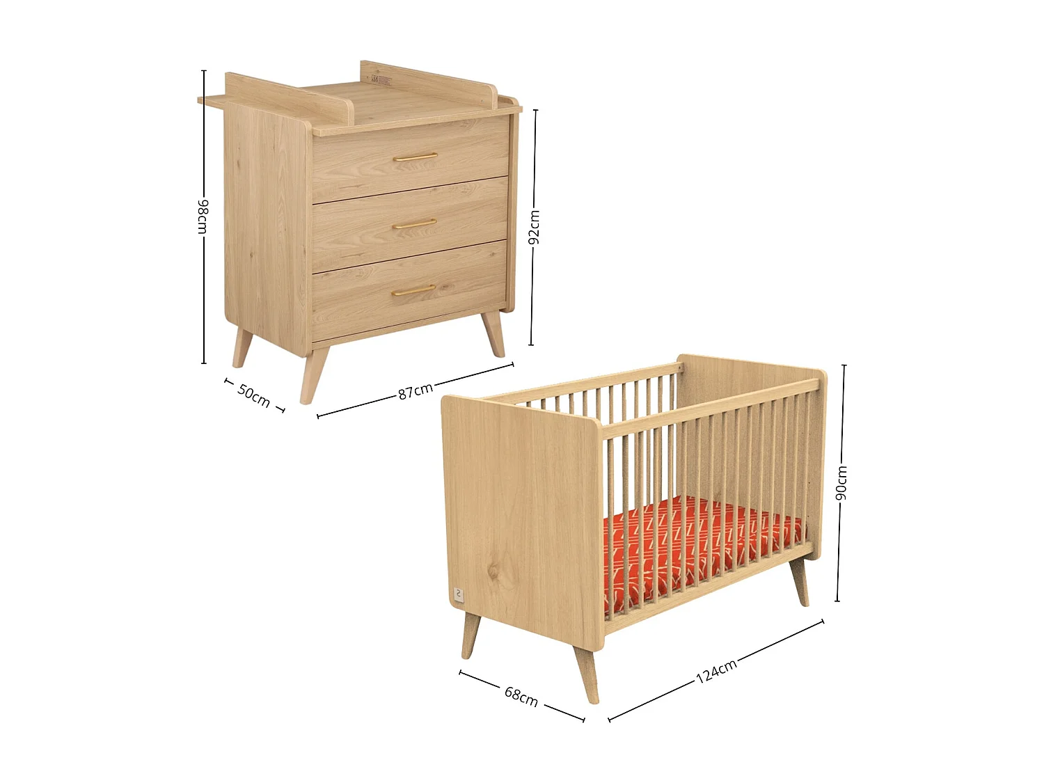 Chambre bébé complète Arty, Lit 120x60 et Commode à langer - Chêne suave ARTY - Sauthon