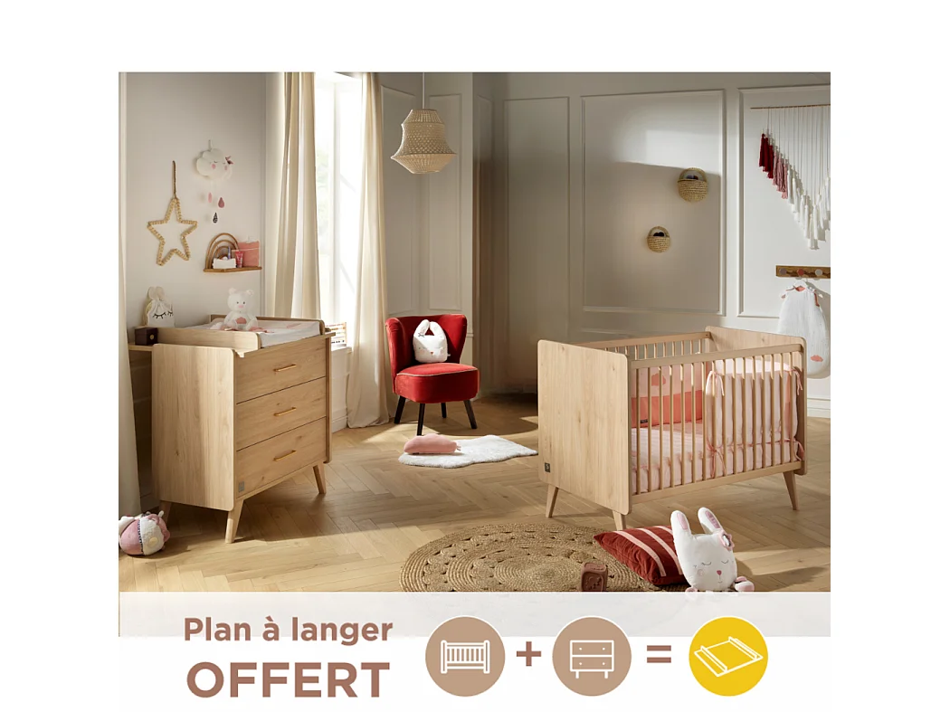 Chambre bébé complète Arty, Lit 120x60 et Commode à langer - Chêne suave ARTY - Sauthon