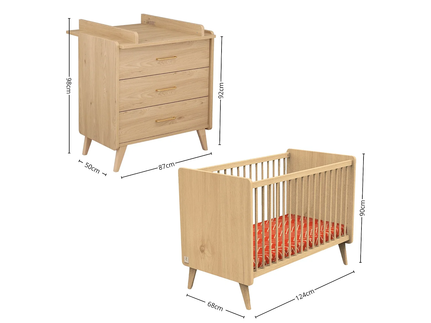 Chambre bébé complète Arty, Lit 120x60 et Commode à langer - Chêne suave ARTY - Sauthon