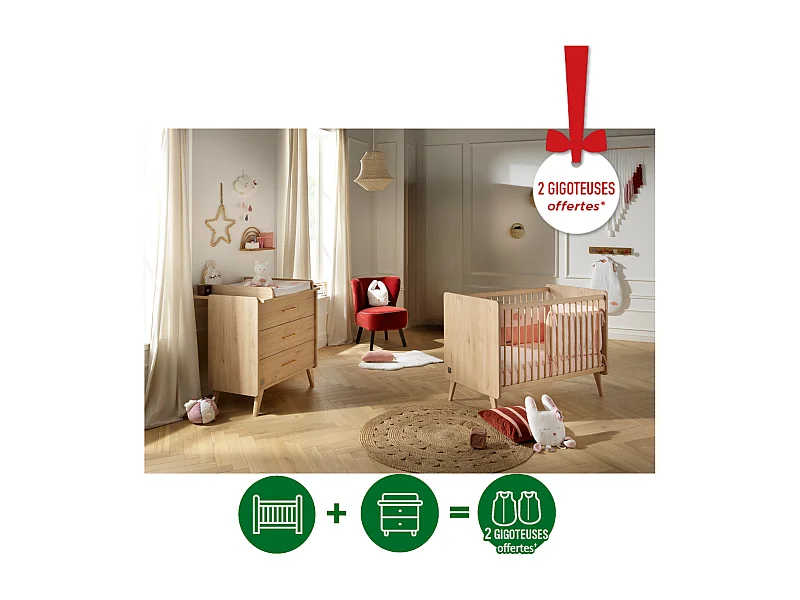 Chambre bébé complète Arty, Lit 120x60 et Commode à langer - Chêne suave ARTY - Sauthon