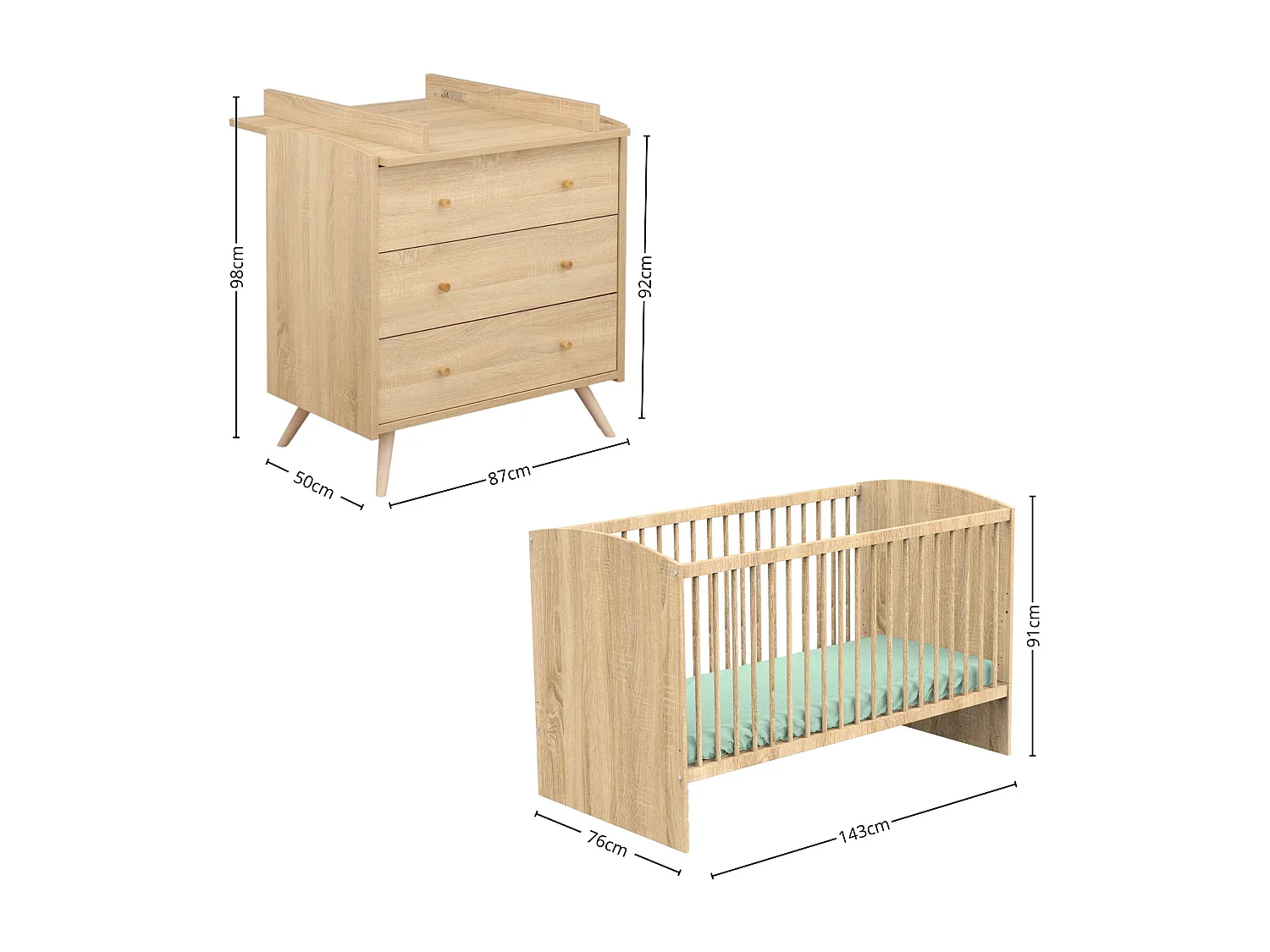 Chambre bébé évolutive Access, Lit 140x70 et Commode à langer - Chêne doré ACCESS - Sauthon