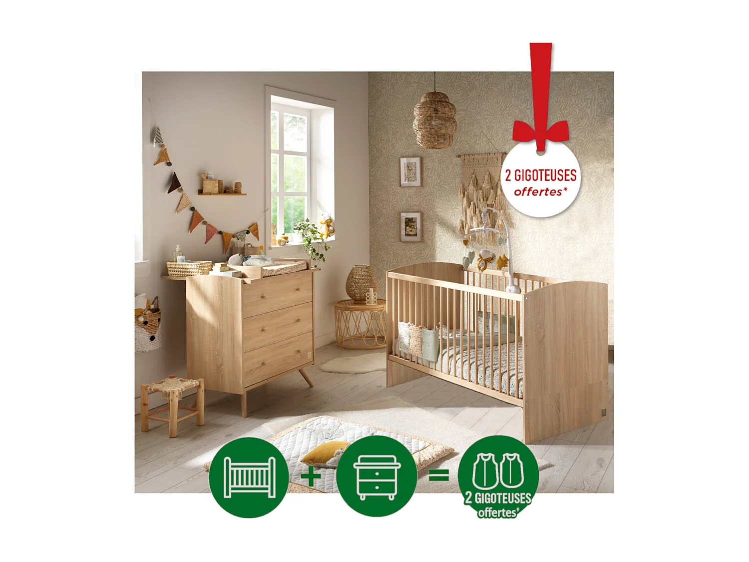 Chambre bébé évolutive Access, Lit 140x70 et Commode à langer - Chêne doré ACCESS - Sauthon