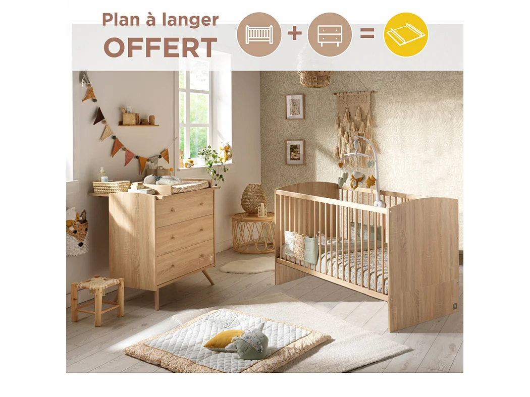 Chambre bébé évolutive Access, Lit 140x70 et Commode à langer - Chêne doré ACCESS - Sauthon