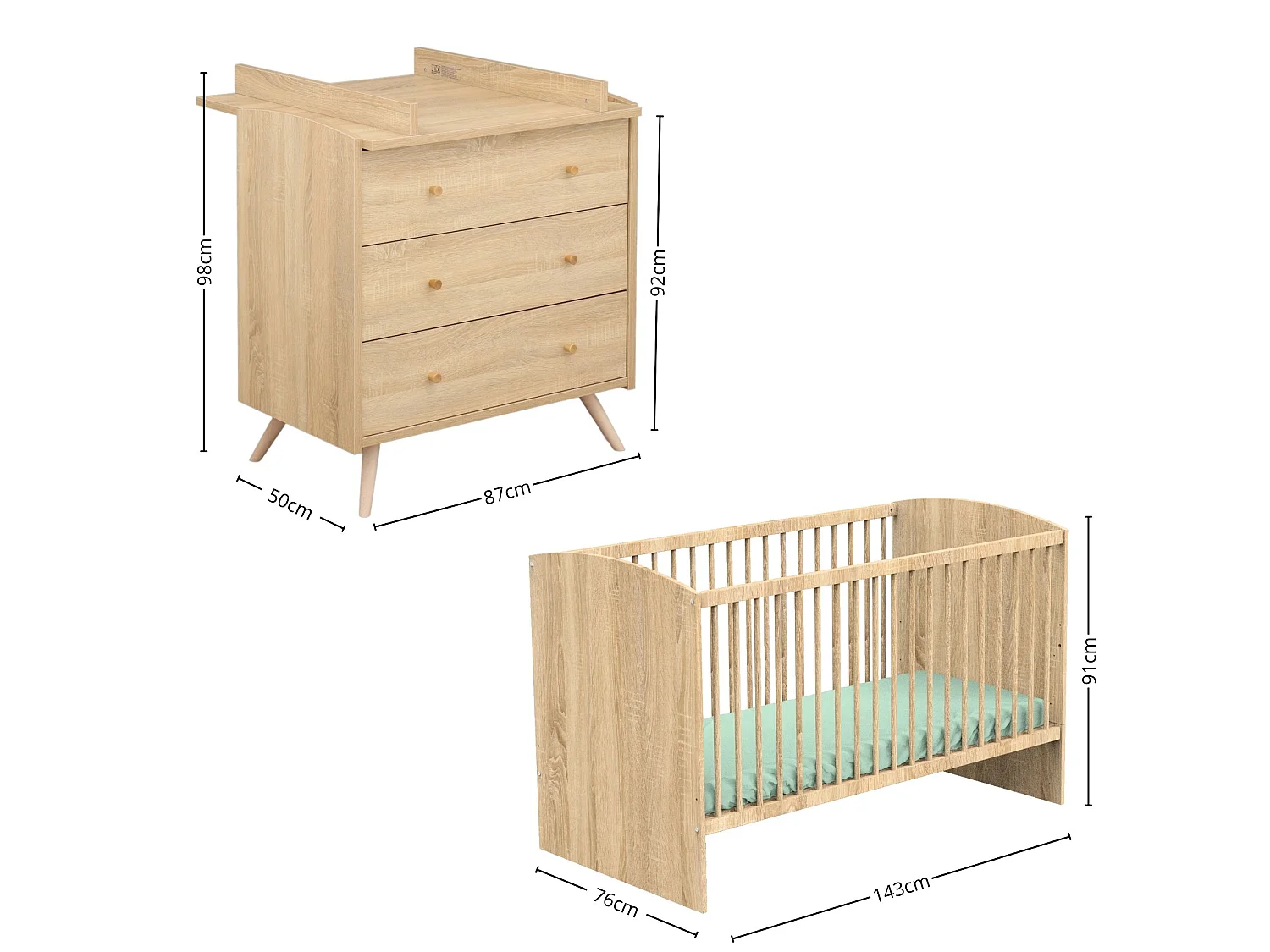 Chambre bébé évolutive Access, Lit 140x70 et Commode à langer - Chêne doré ACCESS - Sauthon