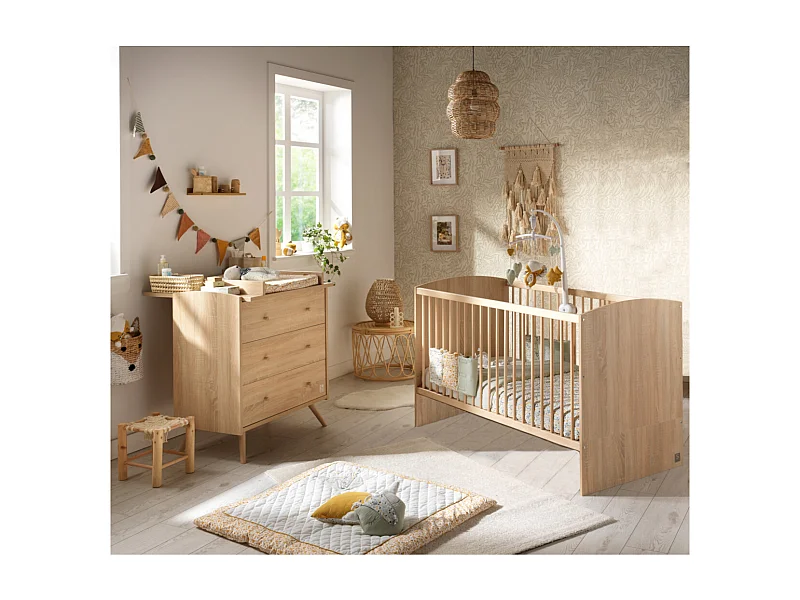 Chambre bébé évolutive Access, Lit 140x70 et Commode à langer - Chêne doré ACCESS - Sauthon