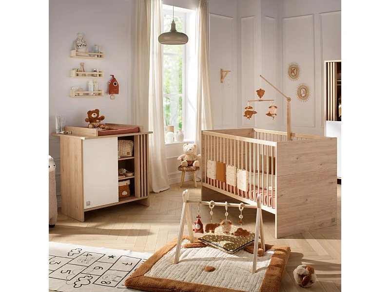 Chambre bébé évolutive Tokyo, Lit 140x70 évolutif et Commode à langer claustra - Chêne suave TOKYO - Sauthon