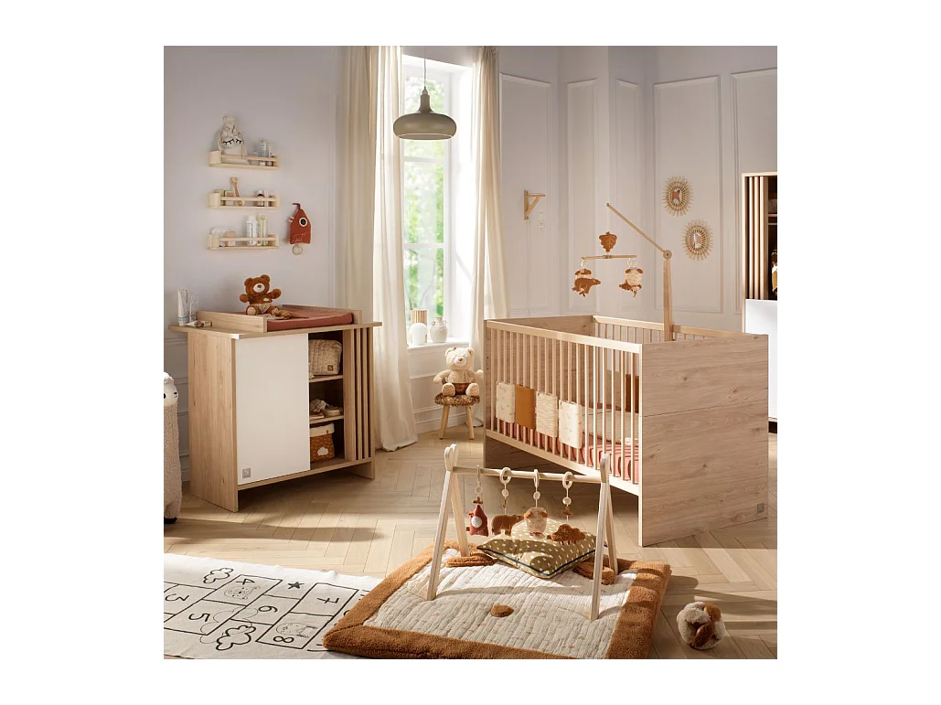 Chambre bébé évolutive Tokyo, Lit 140x70 évolutif et Commode à langer claustra - Chêne suave TOKYO - Sauthon