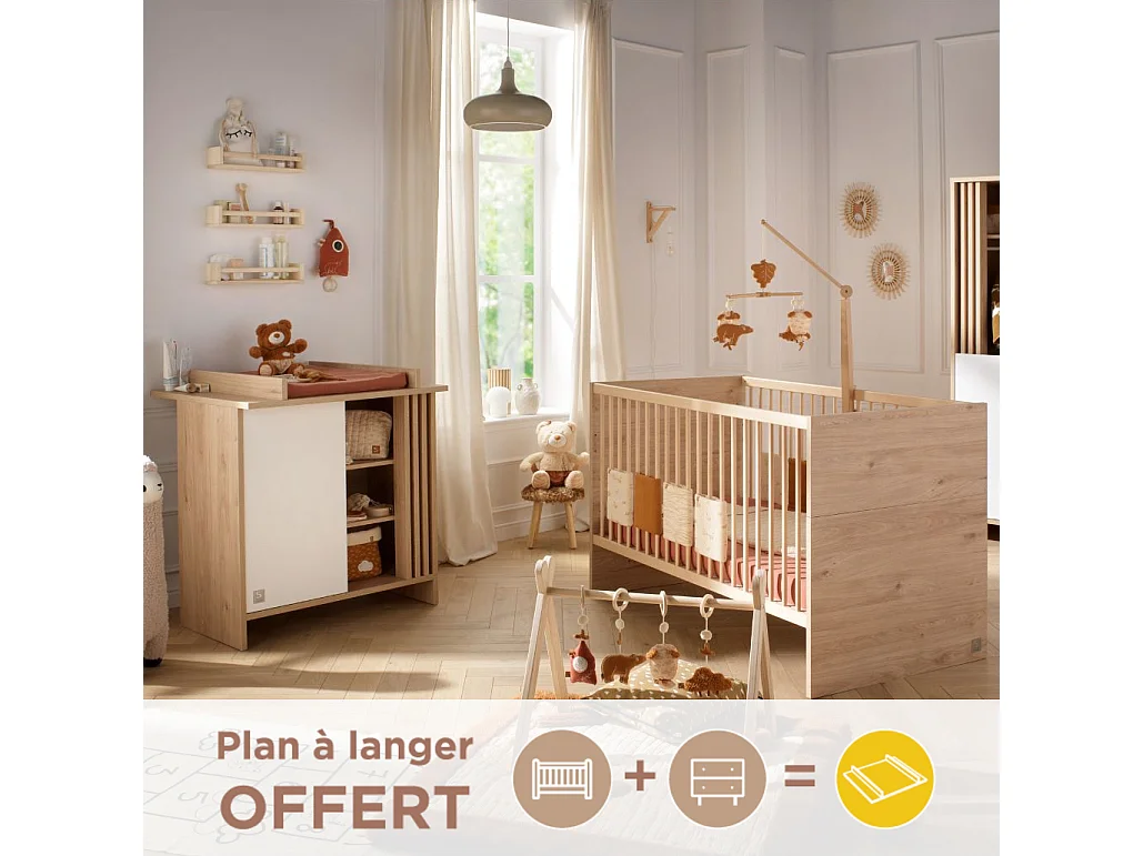 Chambre bébé évolutive Tokyo, Lit 140x70 évolutif et Commode à langer claustra - Chêne suave TOKYO - Sauthon