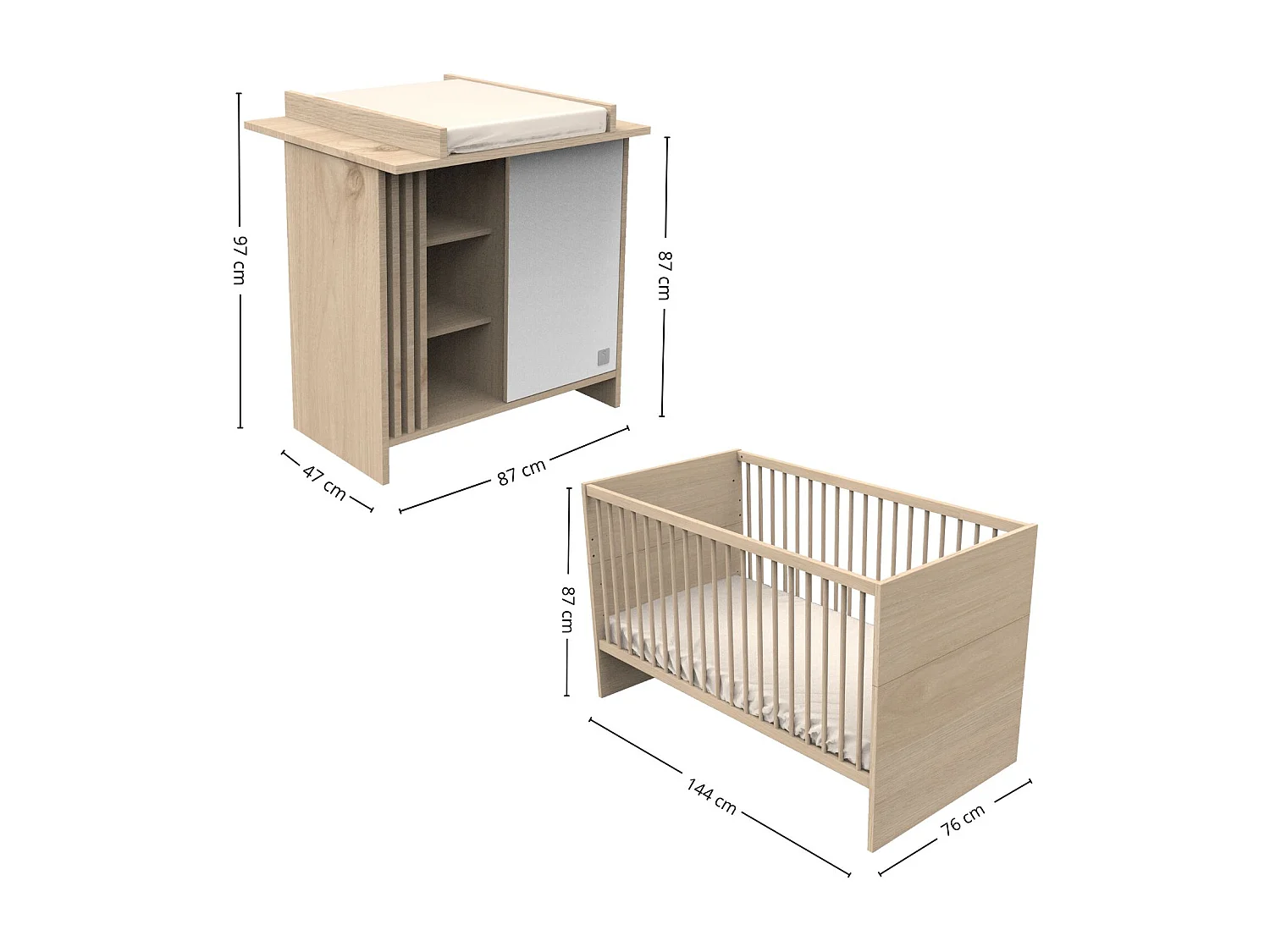 Chambre bébé évolutive Tokyo, Lit 140x70 évolutif et Commode à langer claustra - Chêne suave TOKYO - Sauthon