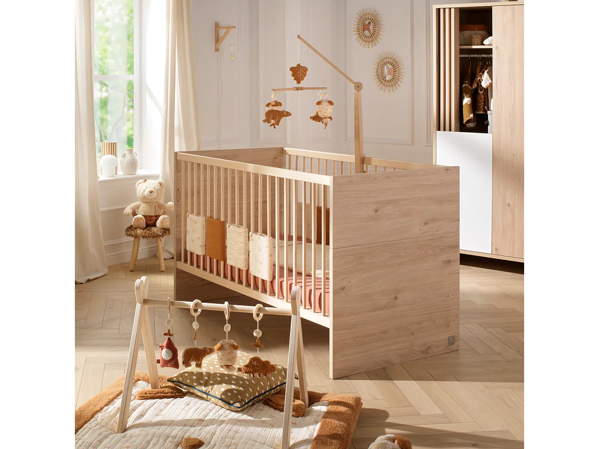 Chambre bébé évolutive Tokyo, Lit 140x70 évolutif et Commode à langer claustra - Chêne suave TOKYO - Sauthon