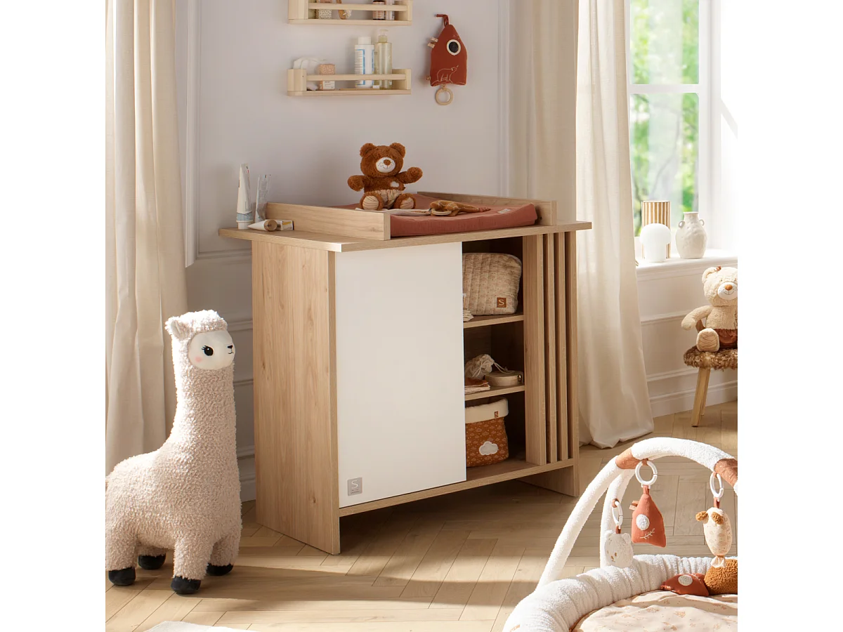 Chambre bébé évolutive Tokyo, Lit 140x70 évolutif et Commode à langer claustra - Chêne suave TOKYO - Sauthon