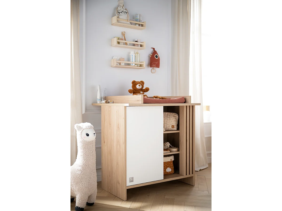 Chambre bébé évolutive Tokyo, Lit 140x70 évolutif et Commode à langer claustra - Chêne suave TOKYO - Sauthon