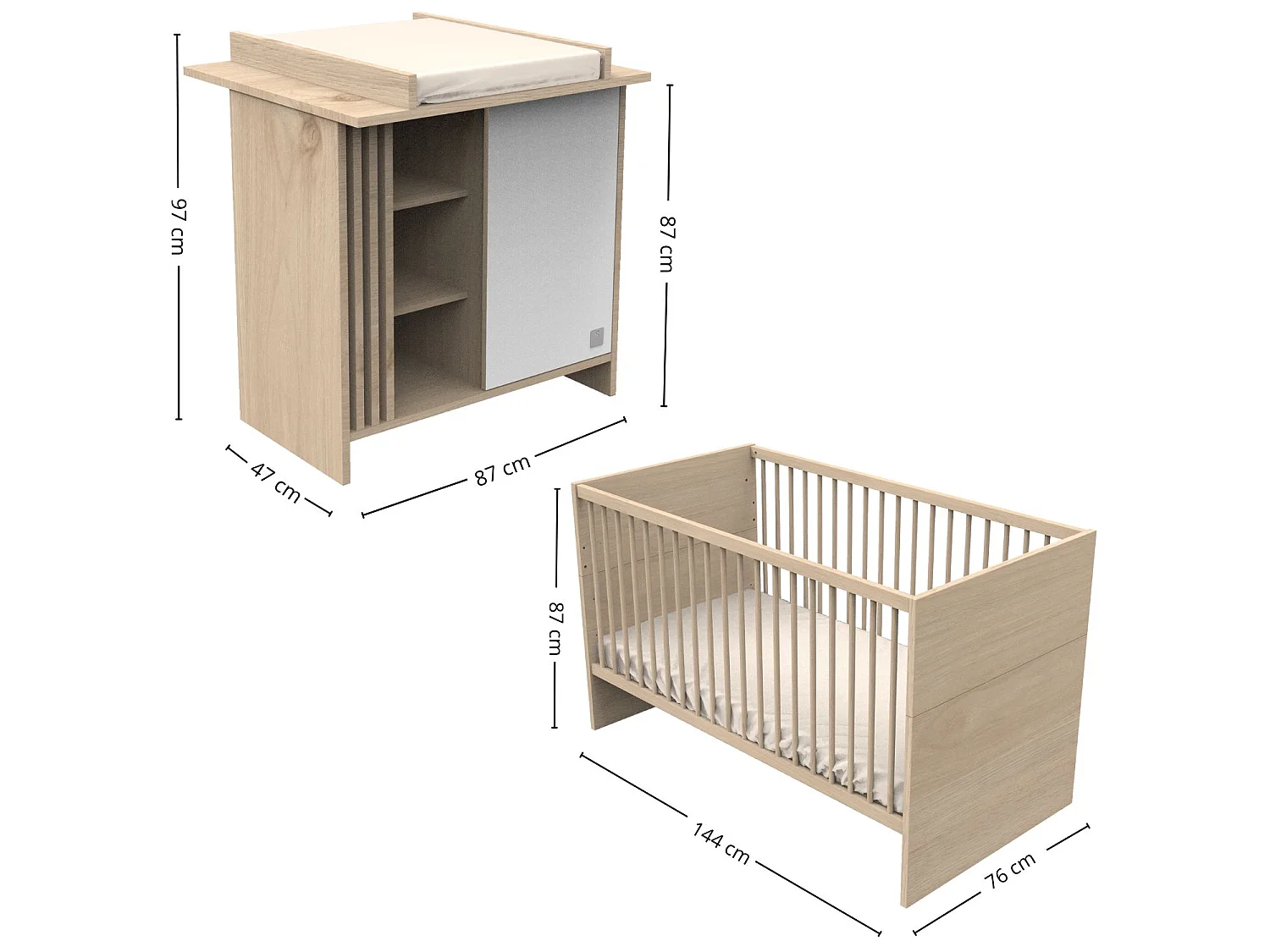 Chambre bébé évolutive Tokyo, Lit 140x70 évolutif et Commode à langer claustra - Chêne suave TOKYO - Sauthon